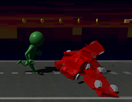 Pictured: The player character of Project: Supersonic, Sonic-Man, running along a highway leading to a car wreck hazard in the game prototype's first level.